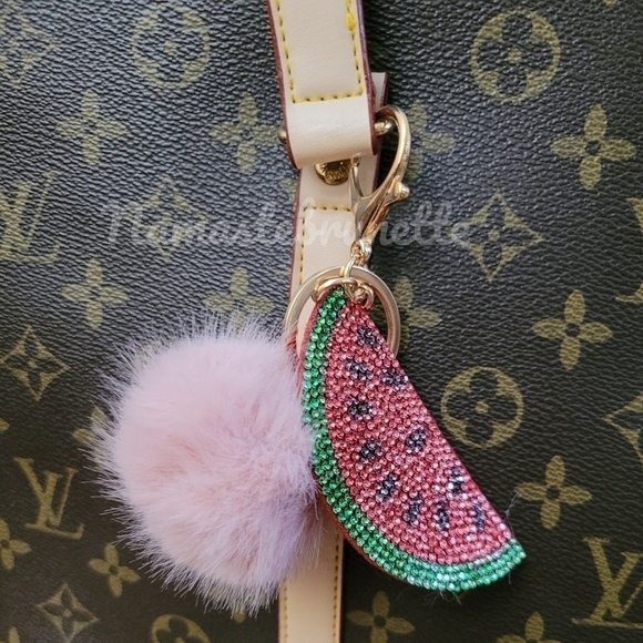 Rhinestone Watermelon Pom Pom Keychain Bag Charm - Picture 9 of 17